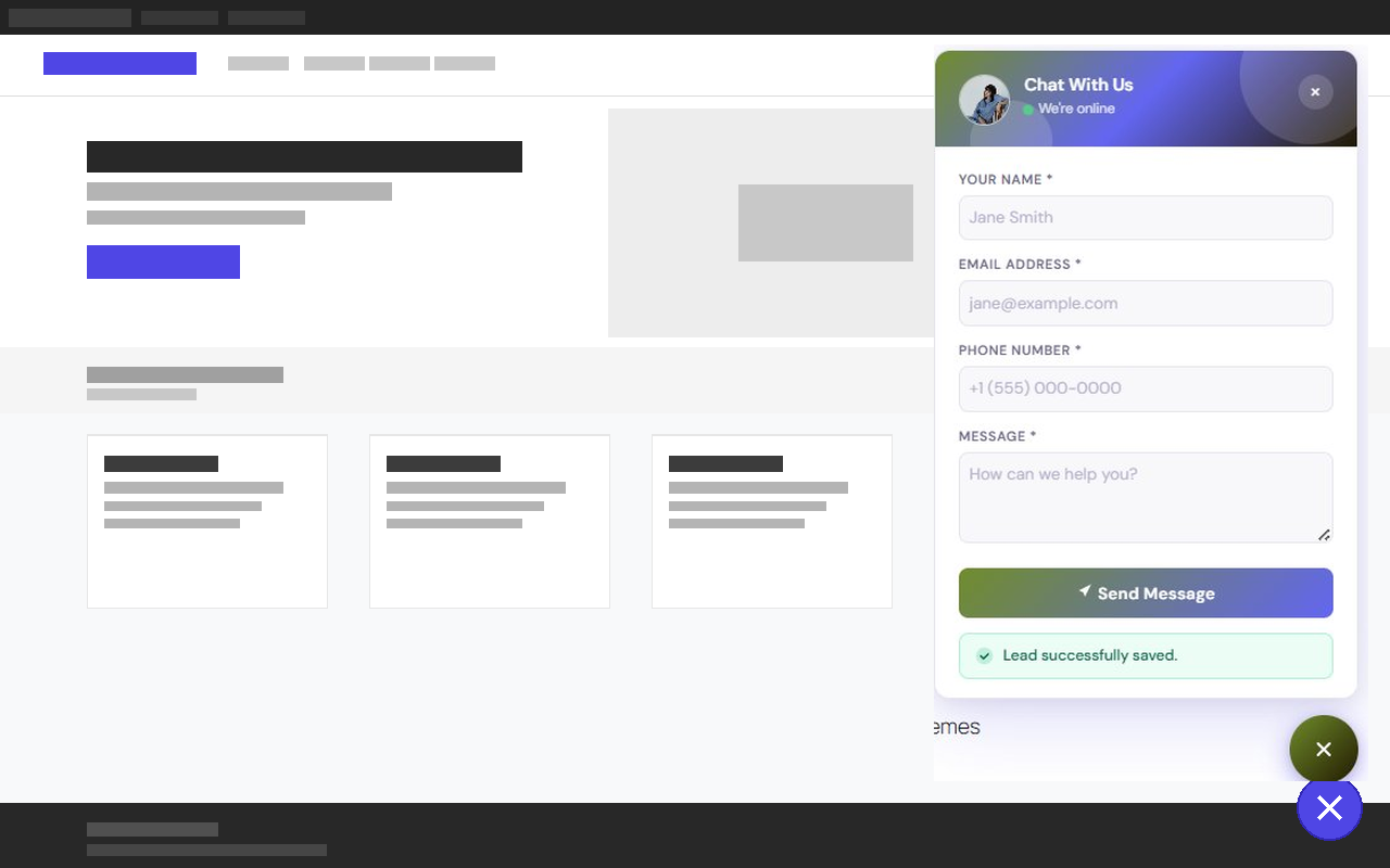 WP LeadChat Pro screenshot 1: Animated chat widget on your site
