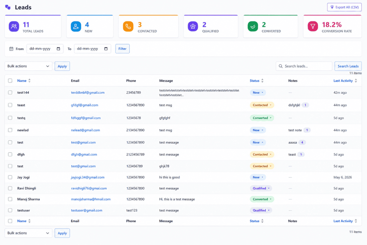 WP LeadChat Pro screenshot 2: Leads dashboard with search, sort and filter