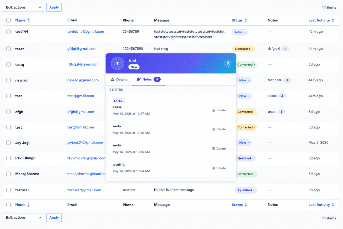 WP LeadChat Pro screenshot 4: CRM pipeline with status badges and KPI cards